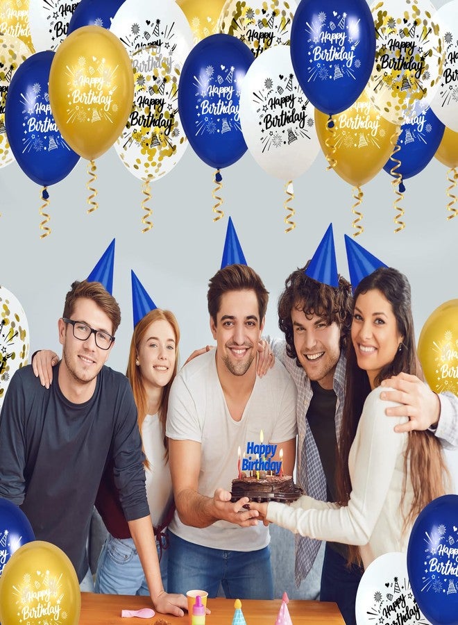 Yoirrat بالونات عيد ميلاد مزينة بالقصاصات الورقية باللونين الأزرق والذهبي، 24 قطعة، بالونات لاتكس زرقاء وبيضاء وذهبية تحمل عبارة "عيد ميلاد سعيد"، زينة حفلات عيد ميلاد باللونين الأزرق والذهبي للرجال والنساء، لوازم حفلات استقبال المولود الجديد، مقاس 12 بوصة - Image 3